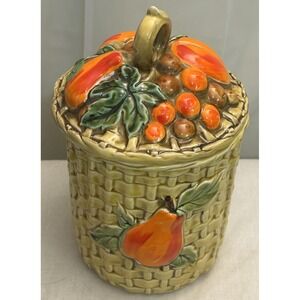 Vintage Ceramic Pear Cookie Jar – Wicker Basket Design‎ – Hand-Painted Fruit Lid